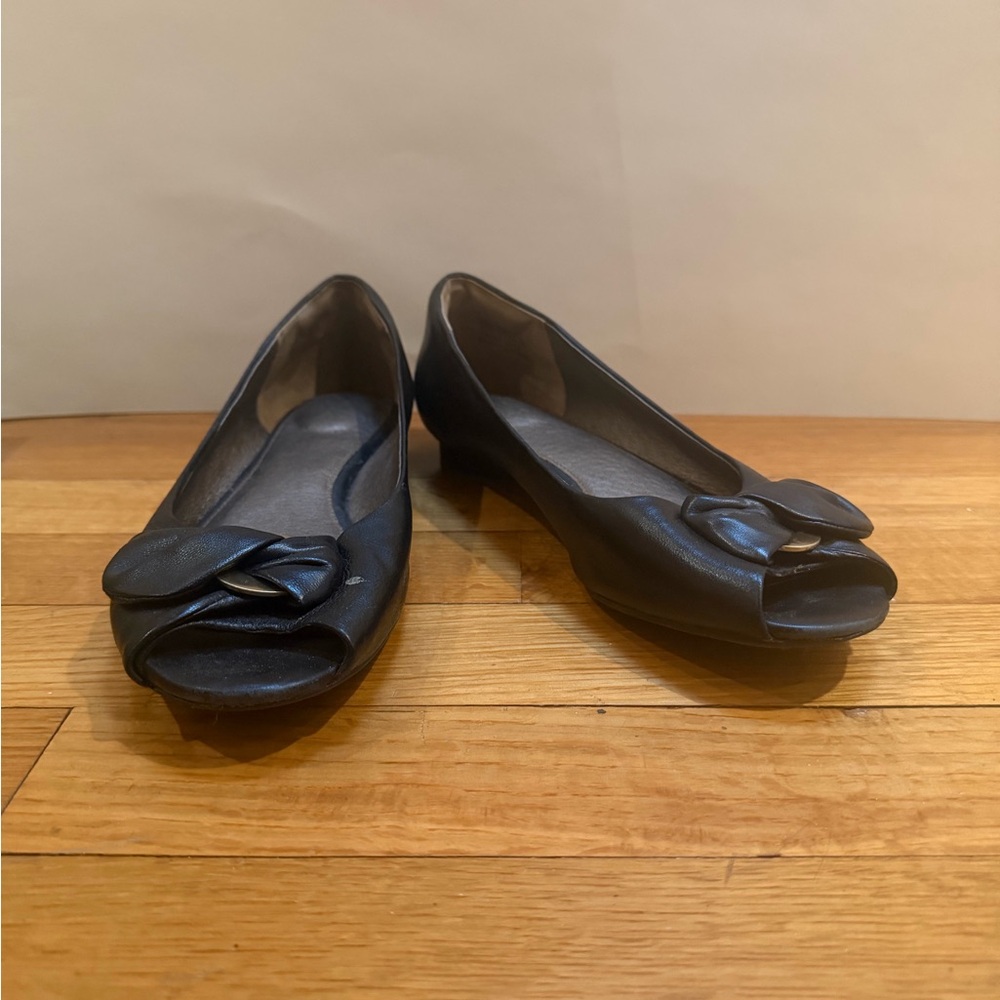 Clarks Black Peep-Toe Flats with Bow